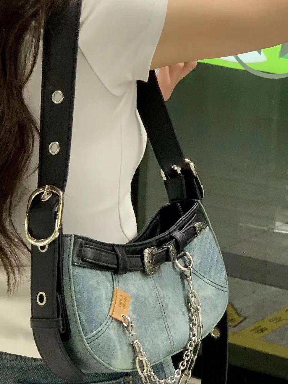 甜酷少女感復古牛仔風 小眾原創設計百搭單肩斜挎手拎包
