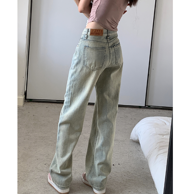 高街黃泥窄版高腰顯瘦垂感拖地闊腿牛仔褲女韓版寬鬆直筒美式復古
