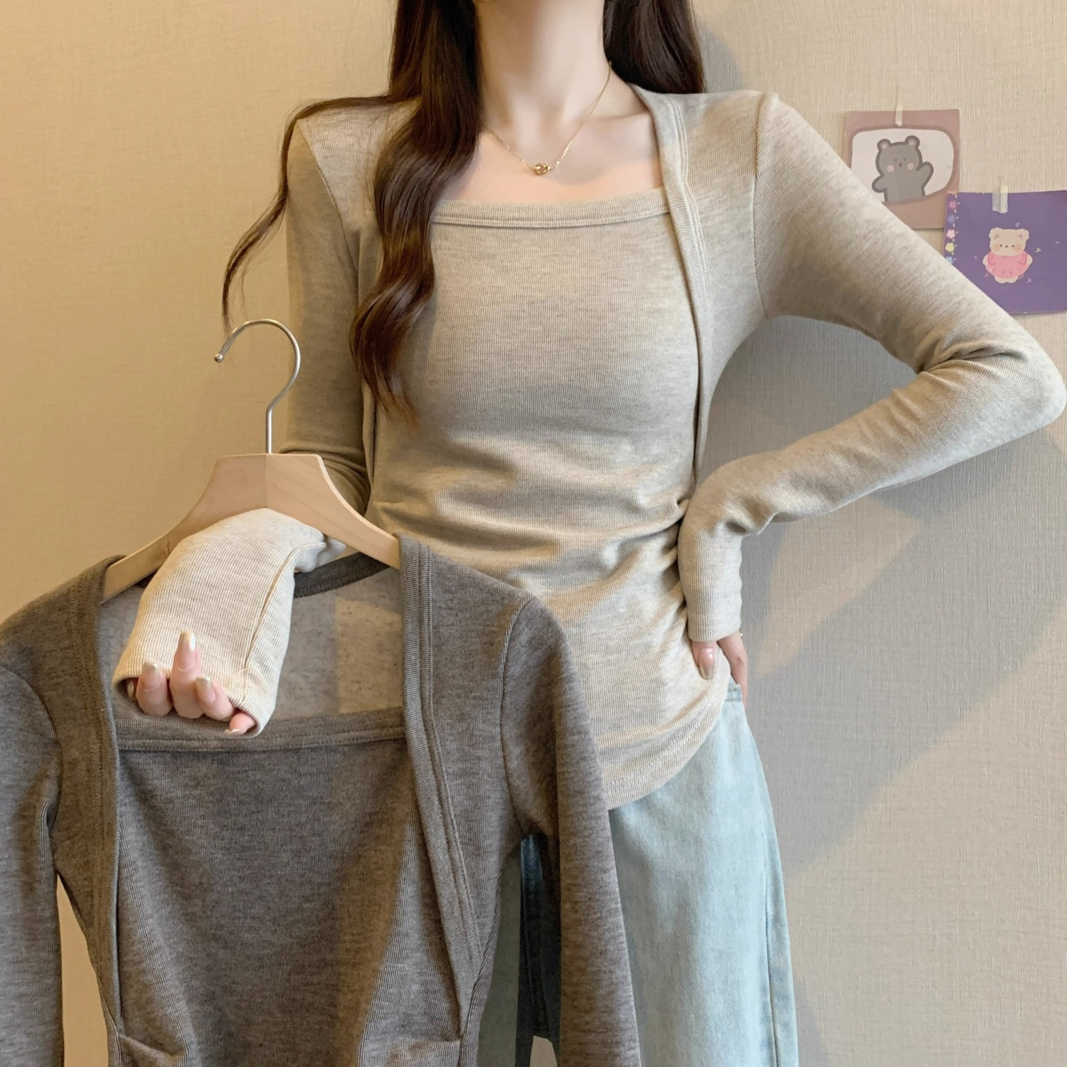 大碼純欲風長袖針織衫春秋新款女裝胖mm假兩件復古顯瘦打底衫上衣