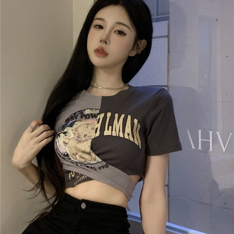 y2k millennium hot girl top female student design sense summer splicing contrast color cross short section exposed belly short-sleeved t-shirt