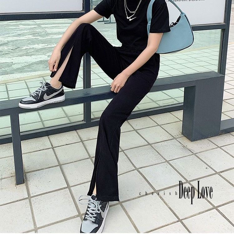 Spring and summer new style Korean style high-waist slimming slit straight floor-length casual trousers for female students