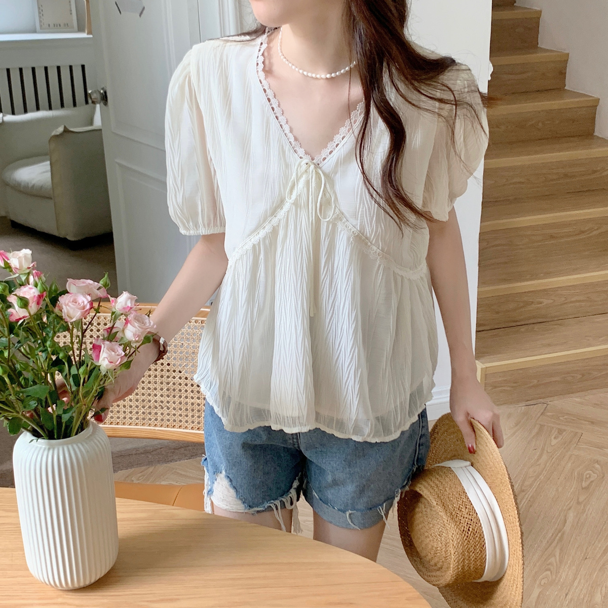 Large size fat mmv collar short-sleeved chiffon shirt women's summer French loose slimming belly-covering temperament high-end top