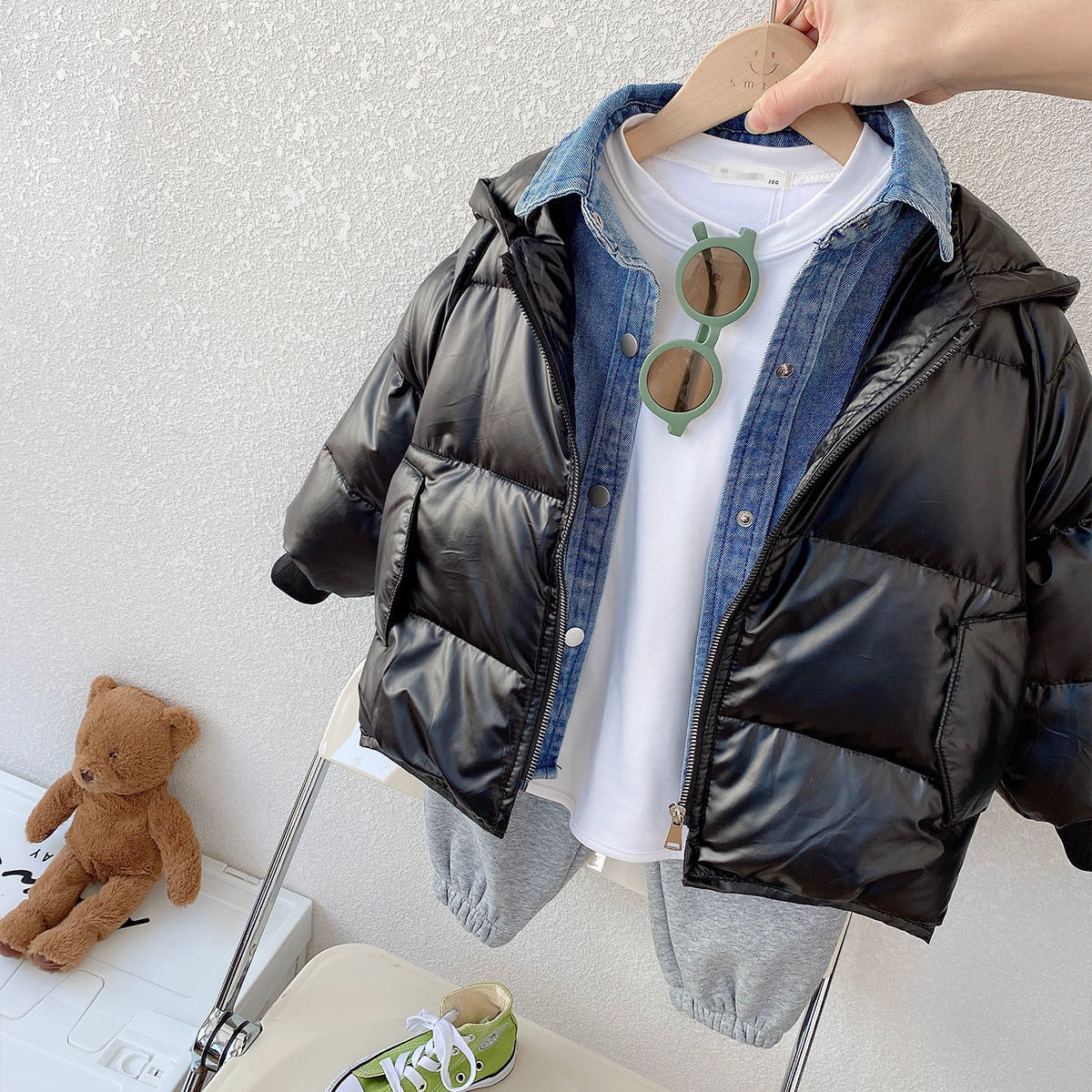 125854-儿童韩版假两件棉服2021冬新款男女童洋气百搭牛仔衬衫拼接外套潮-详情图