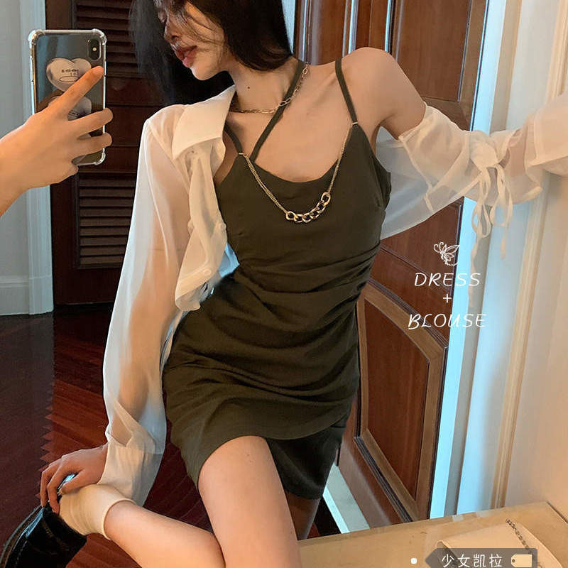 辣妹約會套裝掛脖吊帶連衣裙女夏季新款不規則設計感小眾短裙裙子