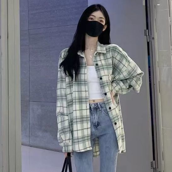 薄荷綠長袖格子襯衫女休閒法式風復古慵懶襯衣2022春夏新款外套