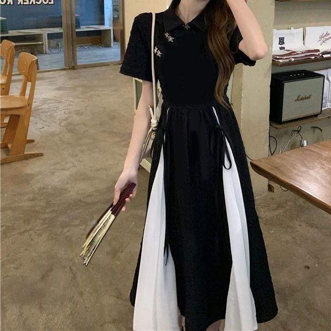改良旗袍茶歇新中式黑色連衣裙子小個子顯瘦長裙大碼新款女裝夏季