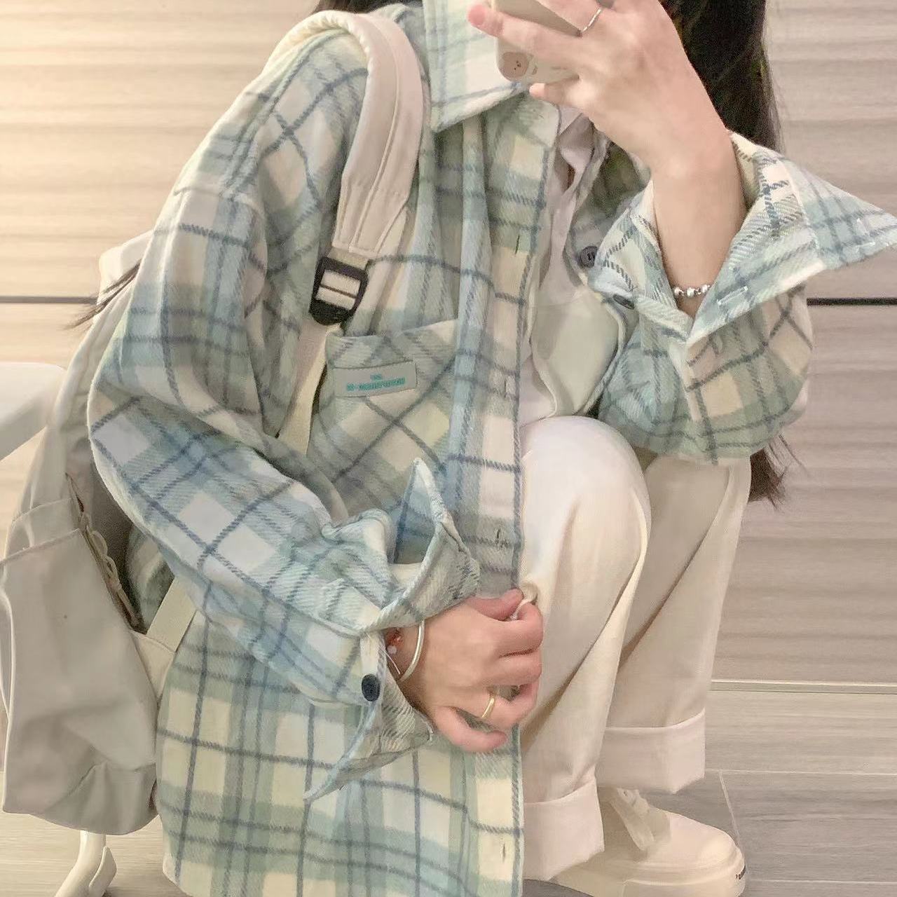 個性BF風格子襯衫外搭防曬衣女外穿寬鬆百搭情侶款襯衣防曬開衫潮