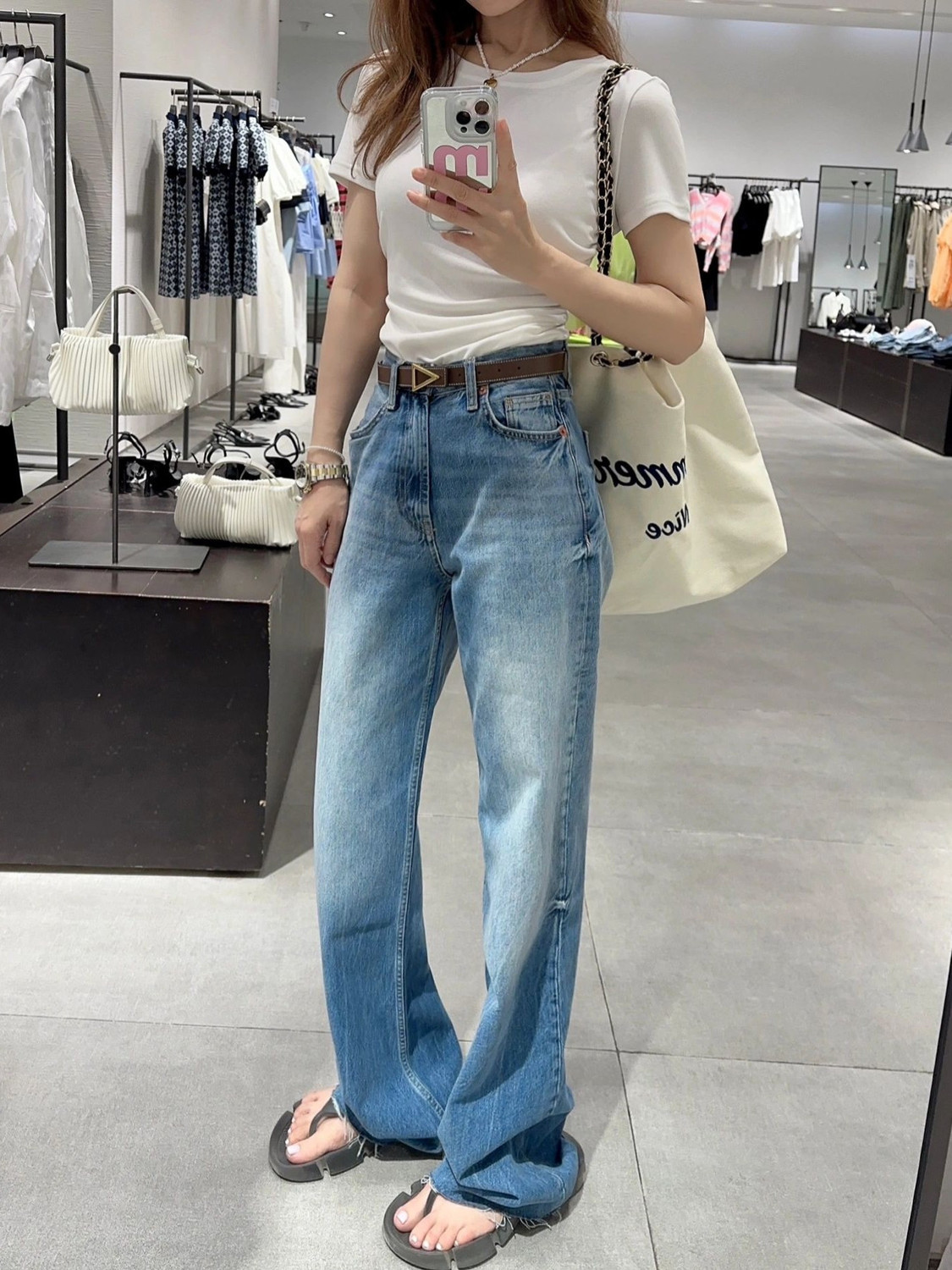 大碼美式高腰闊腿牛仔褲女胖mm休閒水洗磨白寬鬆顯瘦直筒拖地長褲