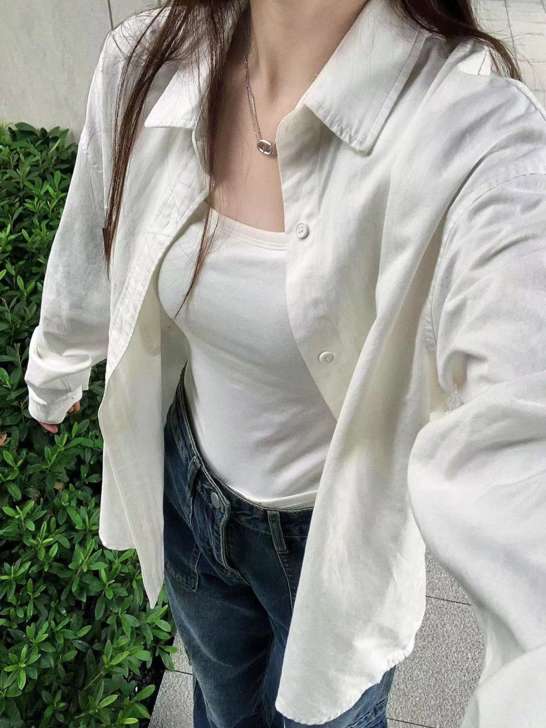 2023早秋新款基礎純棉白襯衫女學生韓系時尚寬鬆顯瘦百搭襯衣外穿