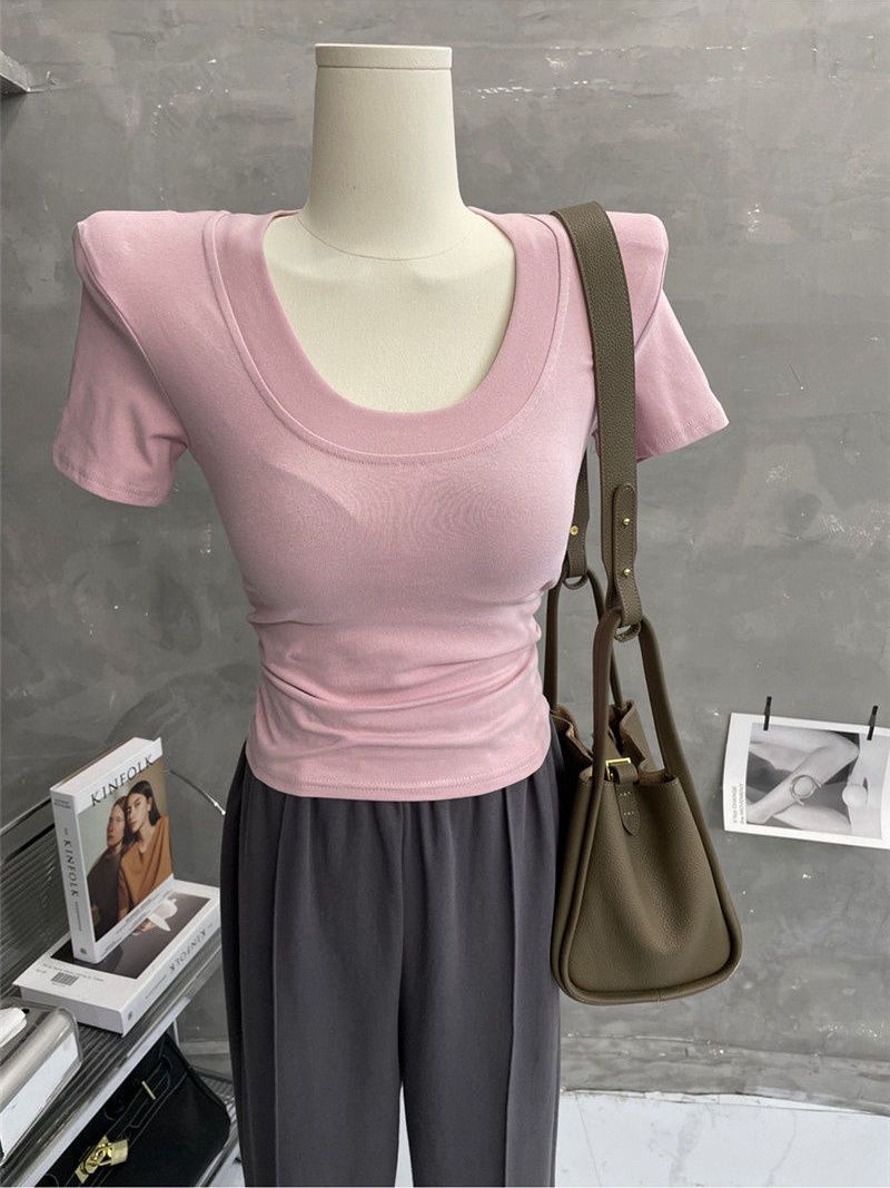 Stay! Versatile and simple~Basic shoulder pad top, big U-neck short-sleeved T-shirt, short slim-fit, solid-color bottoming shirt
