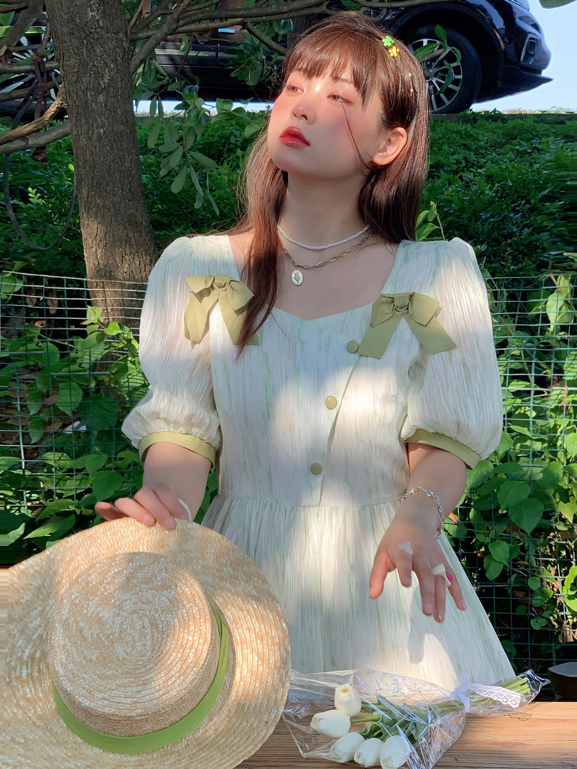 【水光瀲灩】綠色水波紋大碼連衣裙法式文藝設計感甜美復古微胖