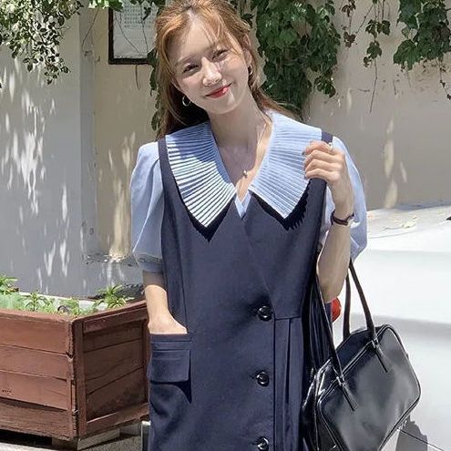 小眾娃娃領襯衫學院風JK背帶連衣裙兩件套裝夏季新款不規則下擺裙