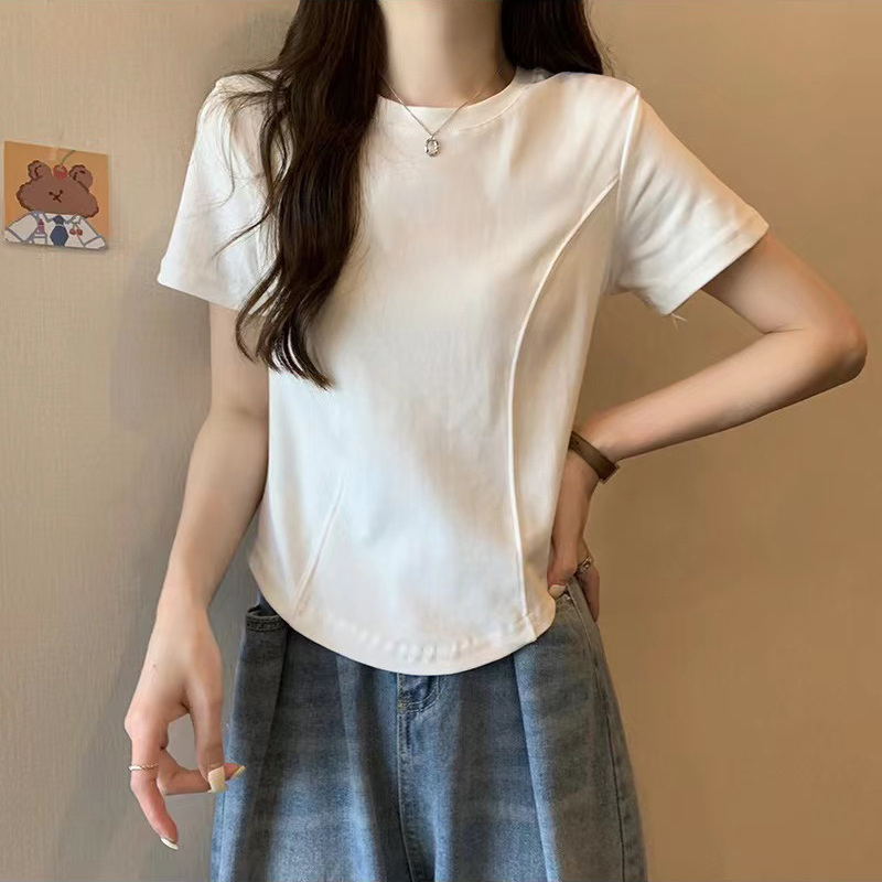 純棉正肩白色短袖t恤女夏季短款辣妹不規則修身收腰魚骨半袖上衣