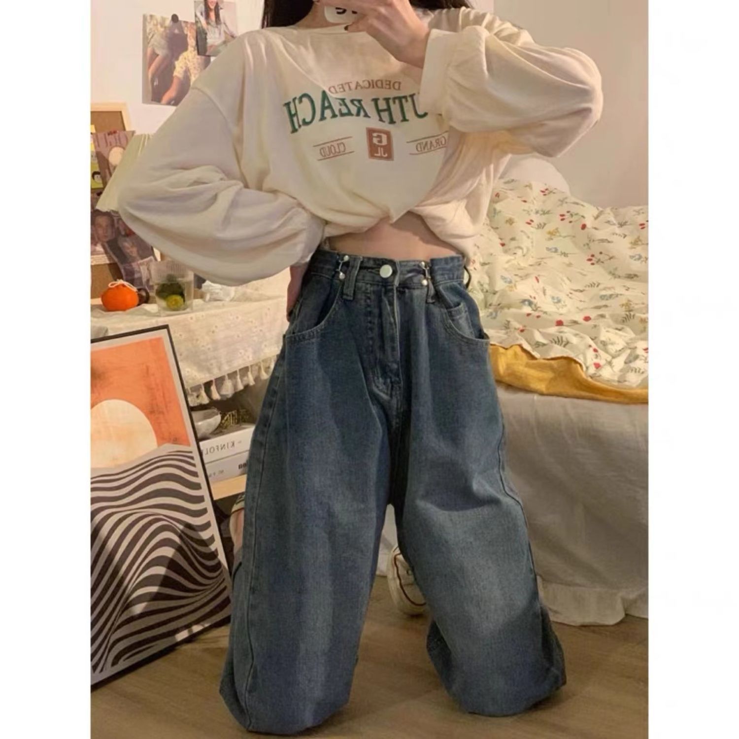 可調節牛仔褲女高腰寬鬆顯瘦春秋大碼胖mm復古直筒闊腿拖地褲子潮