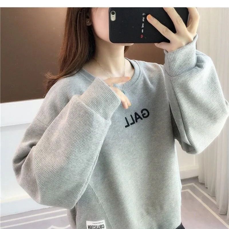 Waffle sweater women's spring and autumn Korean version loose thin section ins super hot small short section top coat tide