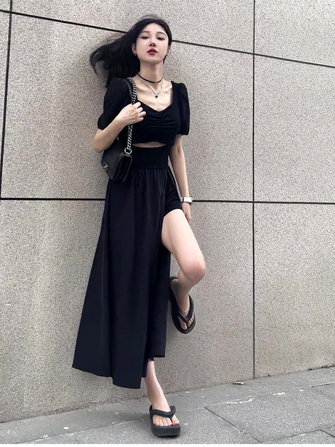 Xiaozi French black square collar short-sleeved slit dress women's new French style niche design sense long skirt tide