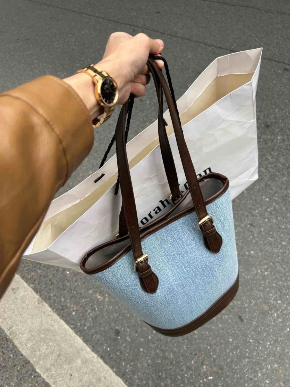 復古風牛仔布托特包包女2023新款小眾質感大容量單肩腋下包水桶包