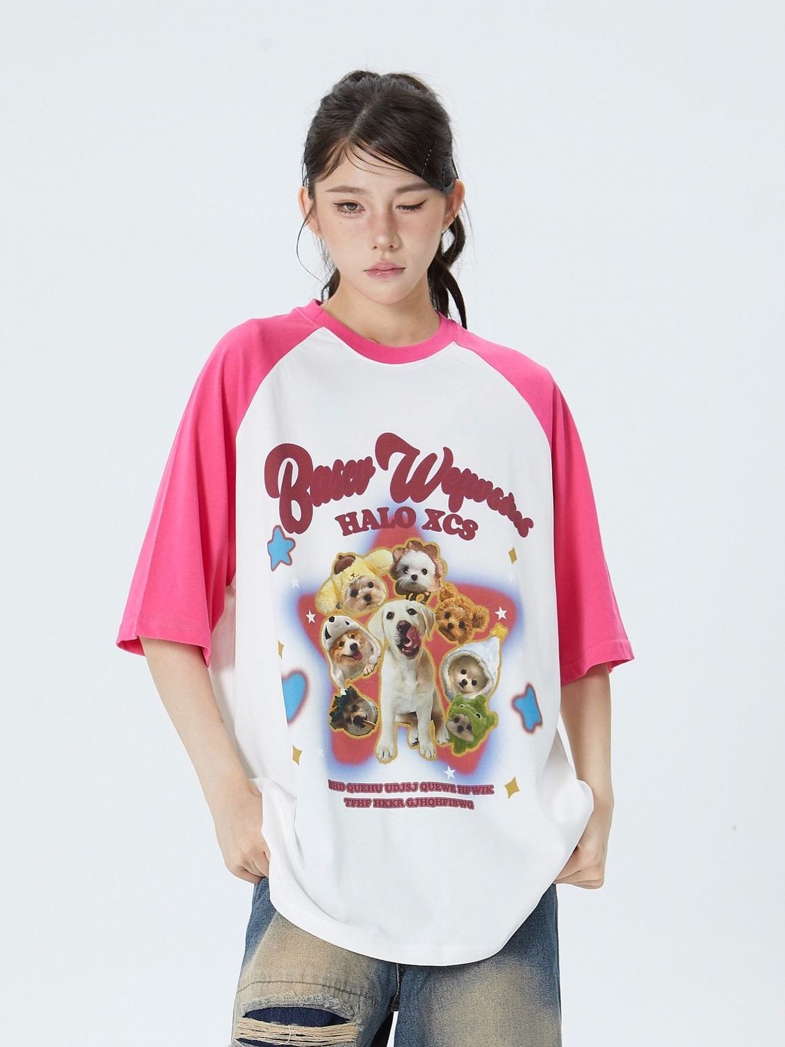 重磅純棉美式復古夏季新款插肩袖短袖t恤女卡通小狗印花拼接上衣