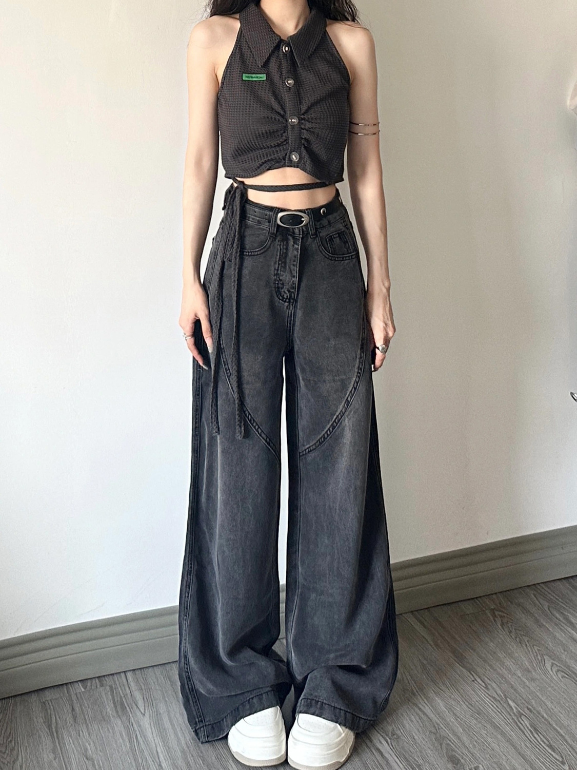 復古黑灰色大闊腿牛仔褲女秋季新款高腰顯瘦寬鬆垂感拖地直筒褲子