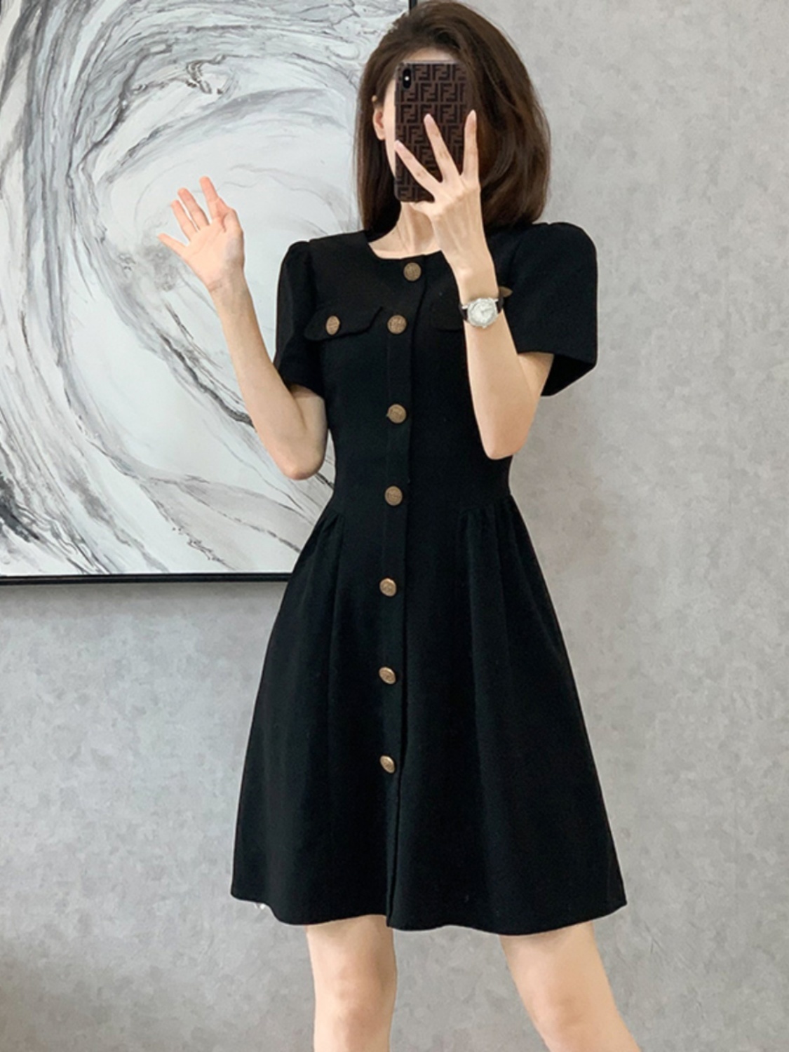 French Puff Sleeve Black Dress Women 2023 Summer Little Black Dress Slim Waist Slimming A-Line Skirt Cover Belly Big Belly