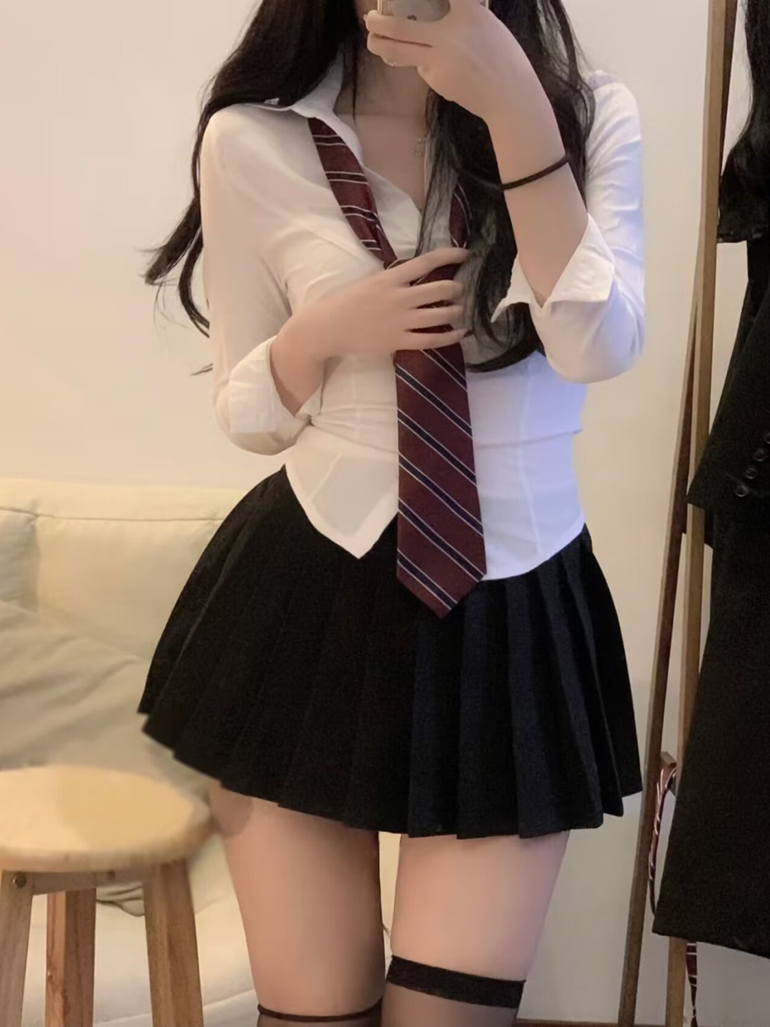 學院風純欲上衣小心機收腰襯衫上衣女秋季高腰百褶半身裙兩件套裝