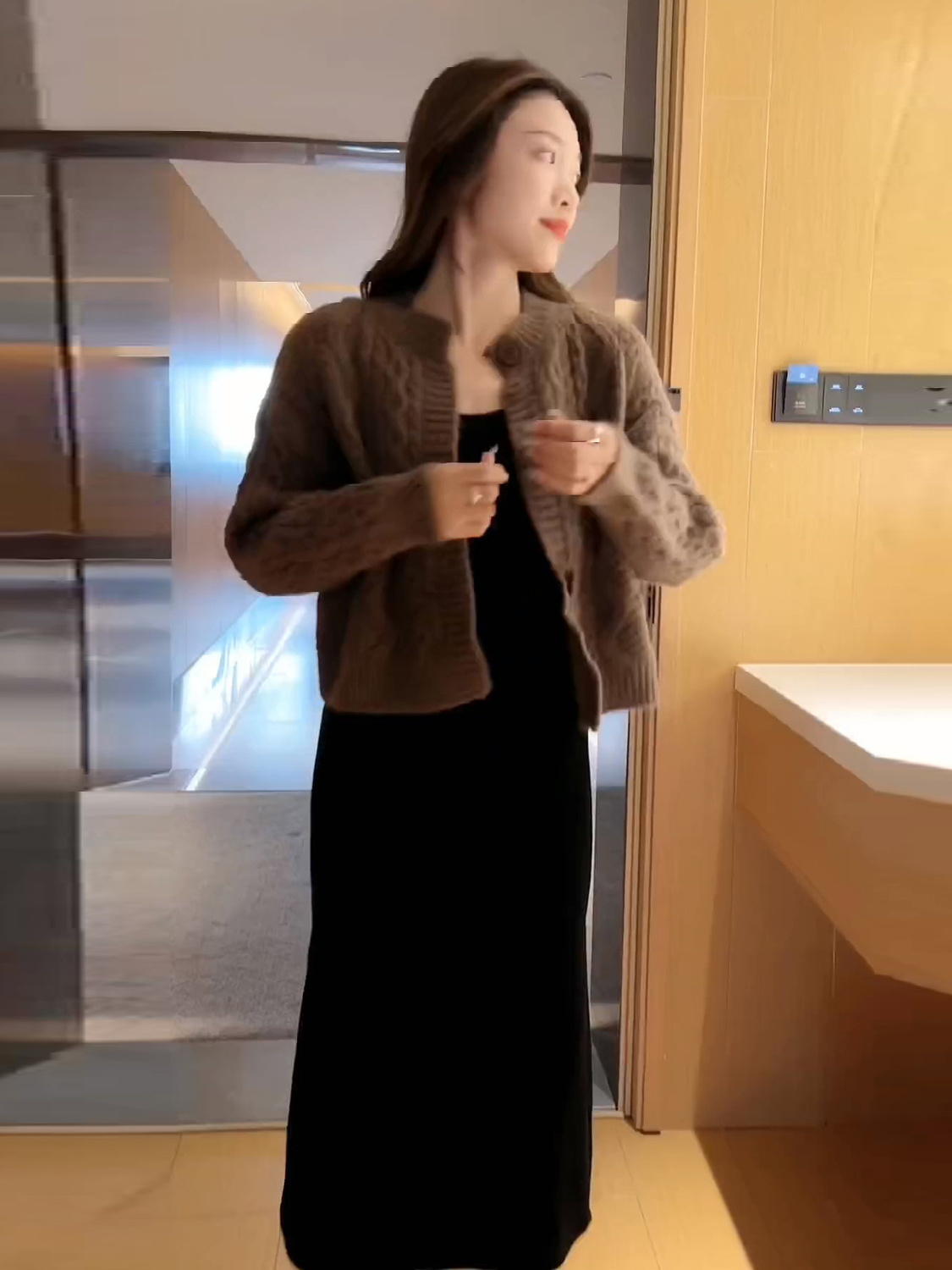  spring new solid color suit fashion long-sleeved button cardigan sweater and black skirt two-piece suit