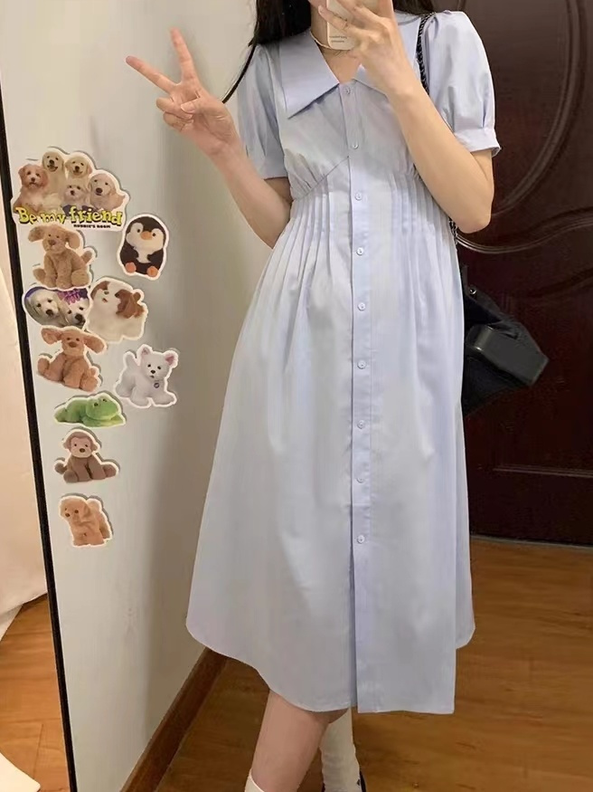 大碼女裝藍色polo領襯衫連衣裙女夏高級修身顯瘦遮肉裙子過膝長裙