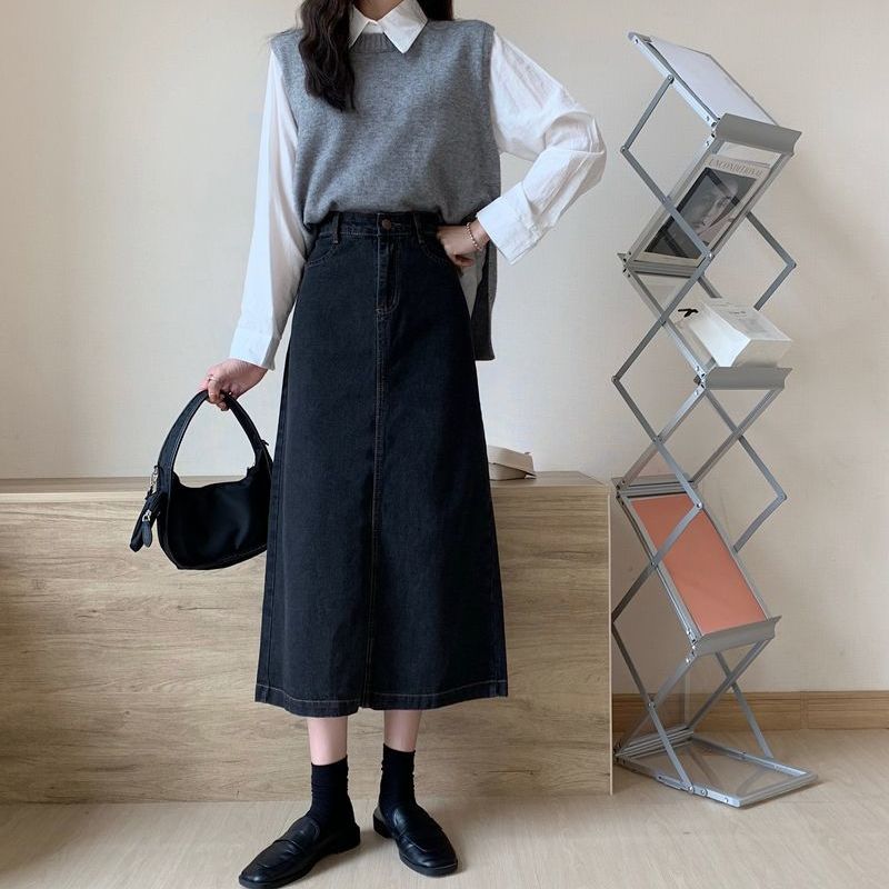 半身裙女夏2023新款高腰A字復古港風學生森系中長款開叉牛仔裙子