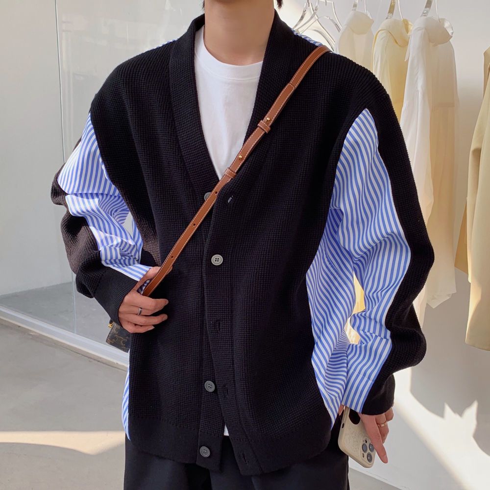 Stitching cardigan shirt male design sense niche Korean trendy knitwear couple spring thin section trendy surprise lucky bag