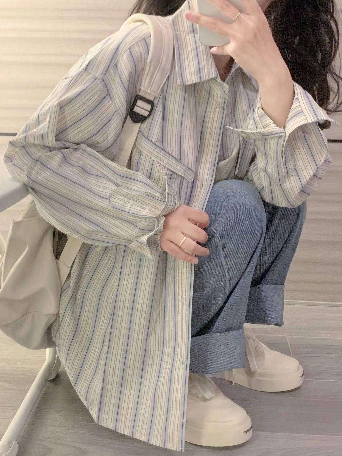 日系少年感條紋襯衫女夏季薄款寬鬆休閒古着vintage襯衣防曬開衫