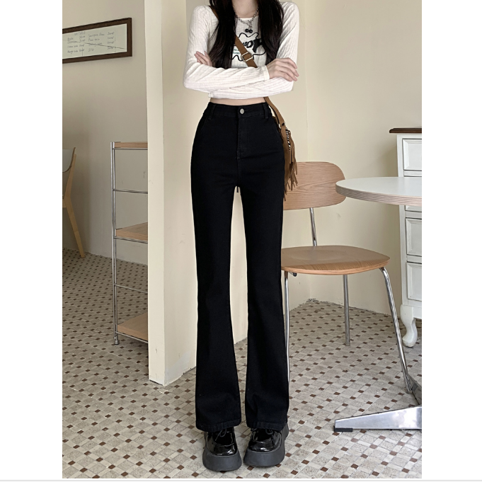 百搭顯瘦簡約褲子微喇叭牛仔褲黑色秋季高腰韓版寬鬆女2023年新款