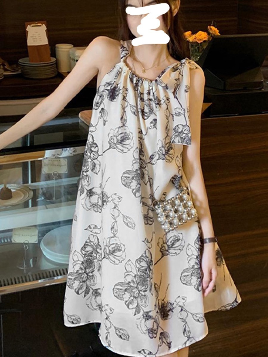 Seaside holiday print dress women's summer  new design sense niche Hong Kong retro chic skirt