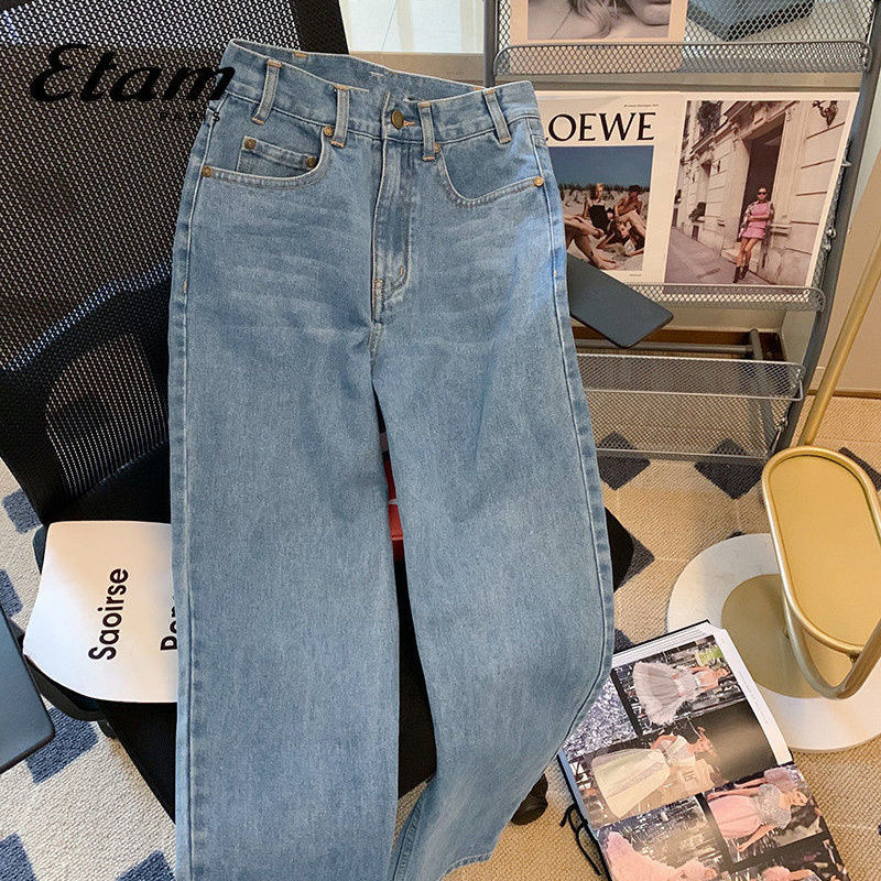 ETAM艾格蓝色复古刺绣花朵牛仔裤女夏季设计感小众高腰直筒阔腿裤
