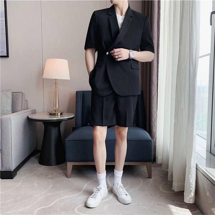 Short-sleeved shorts suit suit men's casual summer thin ice silk seven-point sleeves ruffian handsome suit handsome collocation