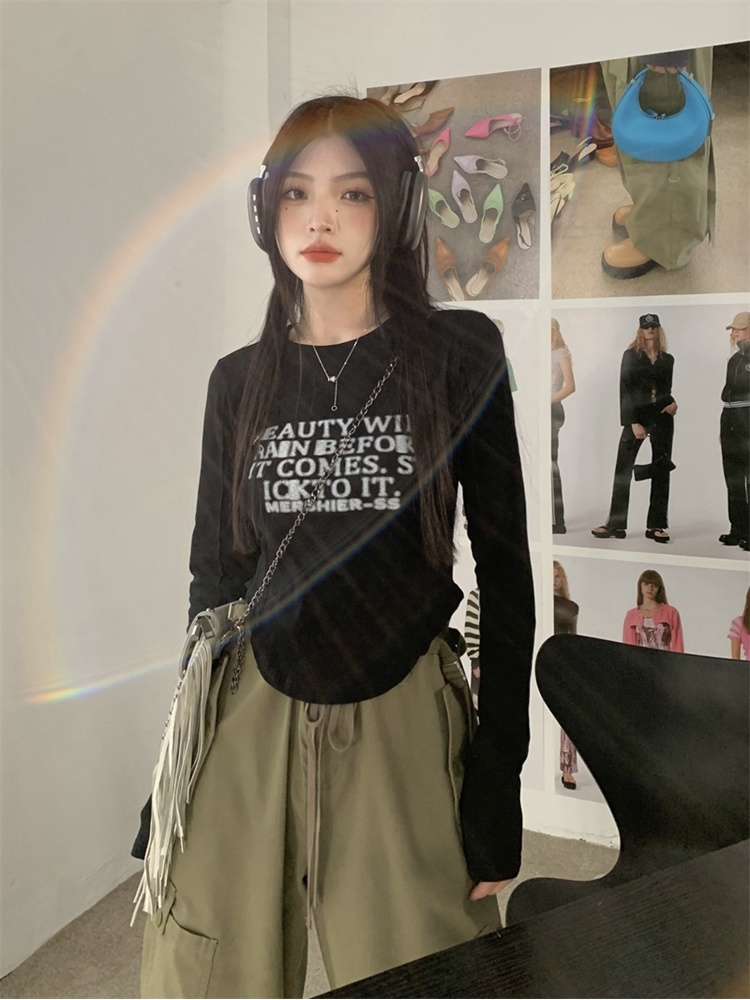 設計感不規則修身打底衫高腰正肩長袖t恤女外穿秋季辣妹短款上衣