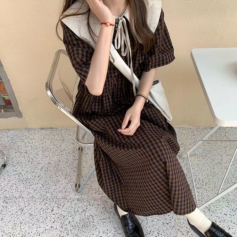 Small doll collar plaid dress female  summer new niche first love French retro long skirt