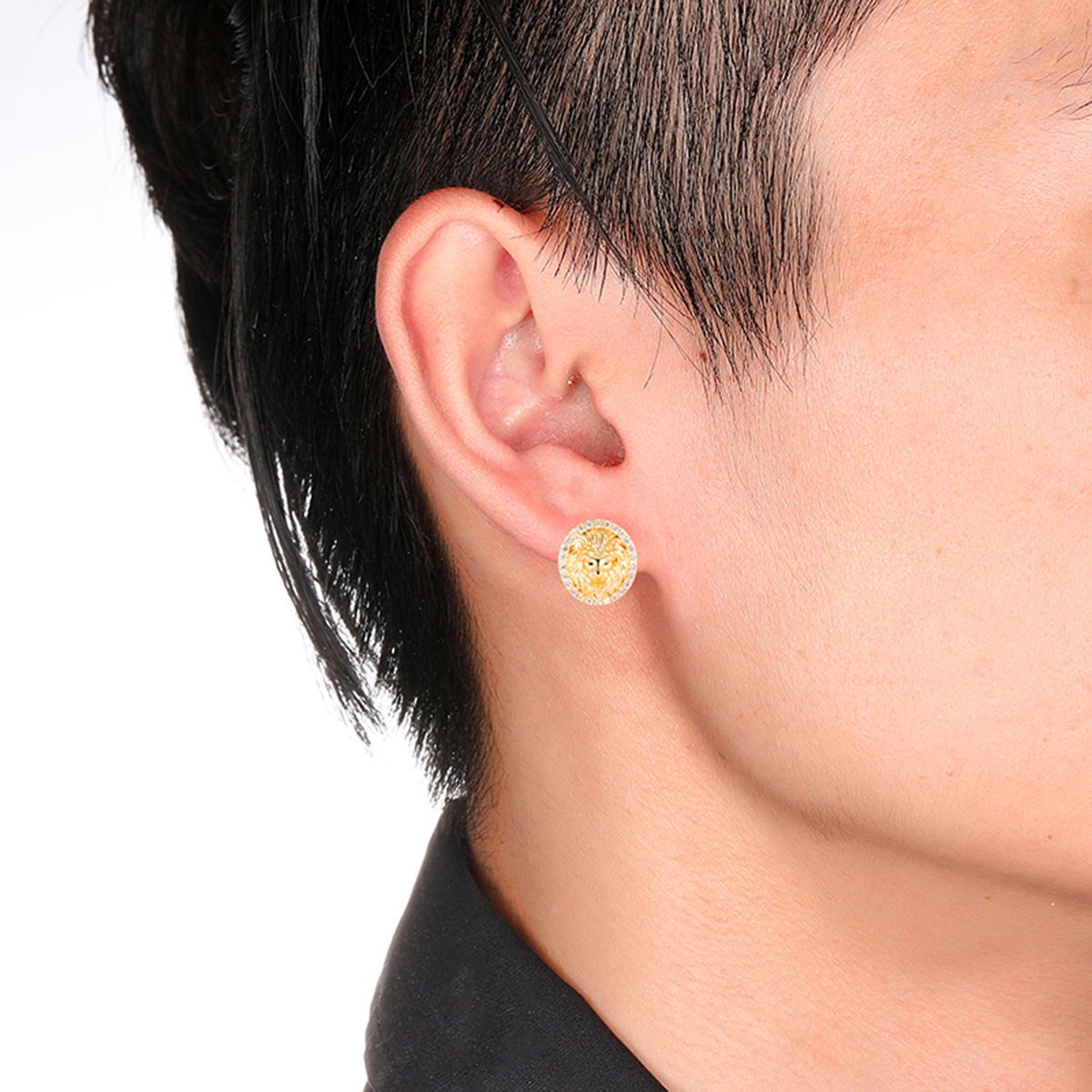 Orecchini a lobo testa di leone con zirconia e strass hip-hop_voghion.com