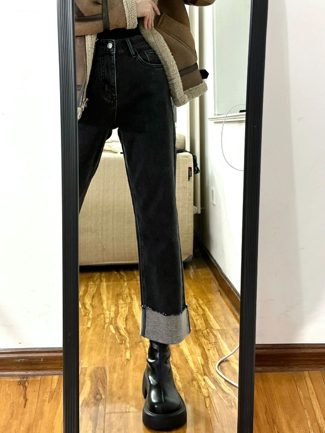 2023年春秋新款高腰復古直筒牛仔褲女寬鬆大碼胖mm九分顯瘦闊腿褲