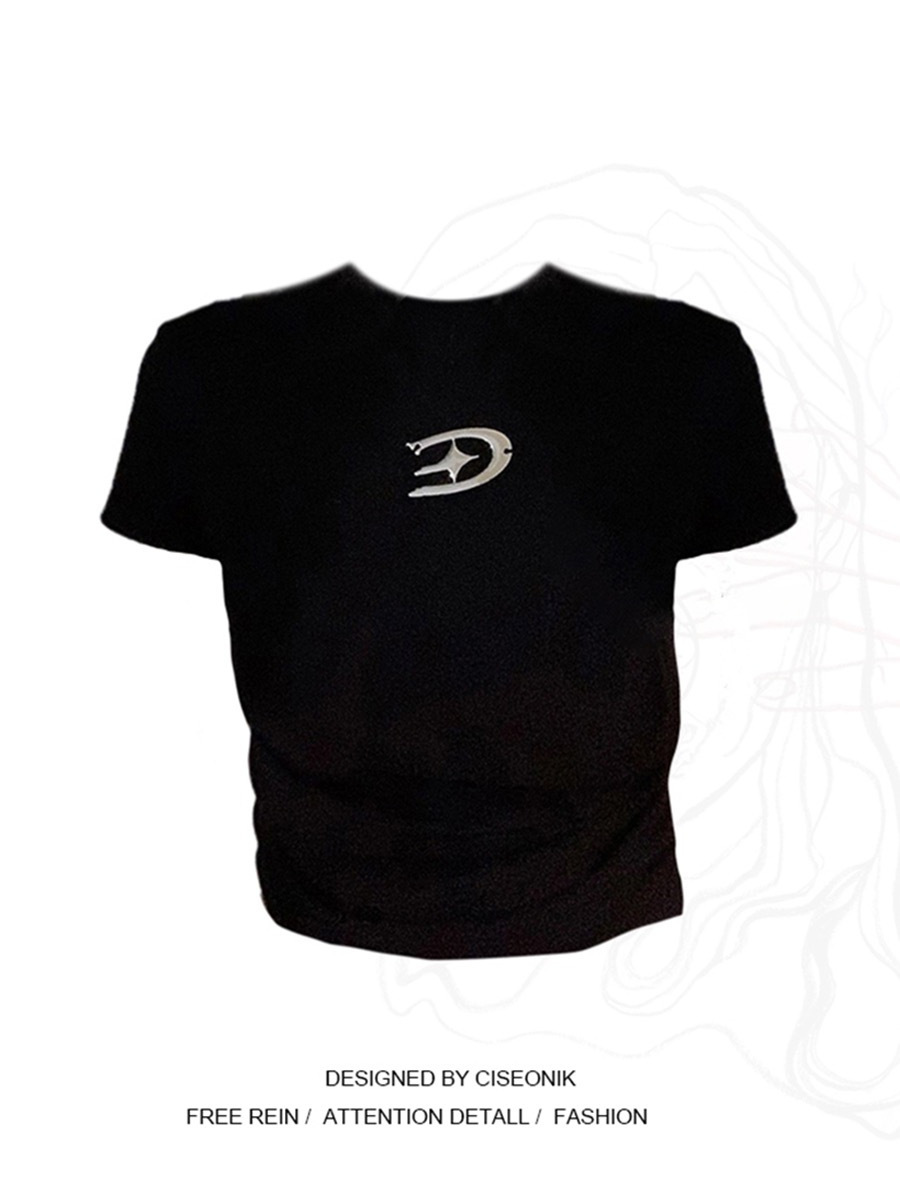Large size fat sister trendy brand American retro black short-sleeved T-shirt female summer hot girl slim short shoulder top