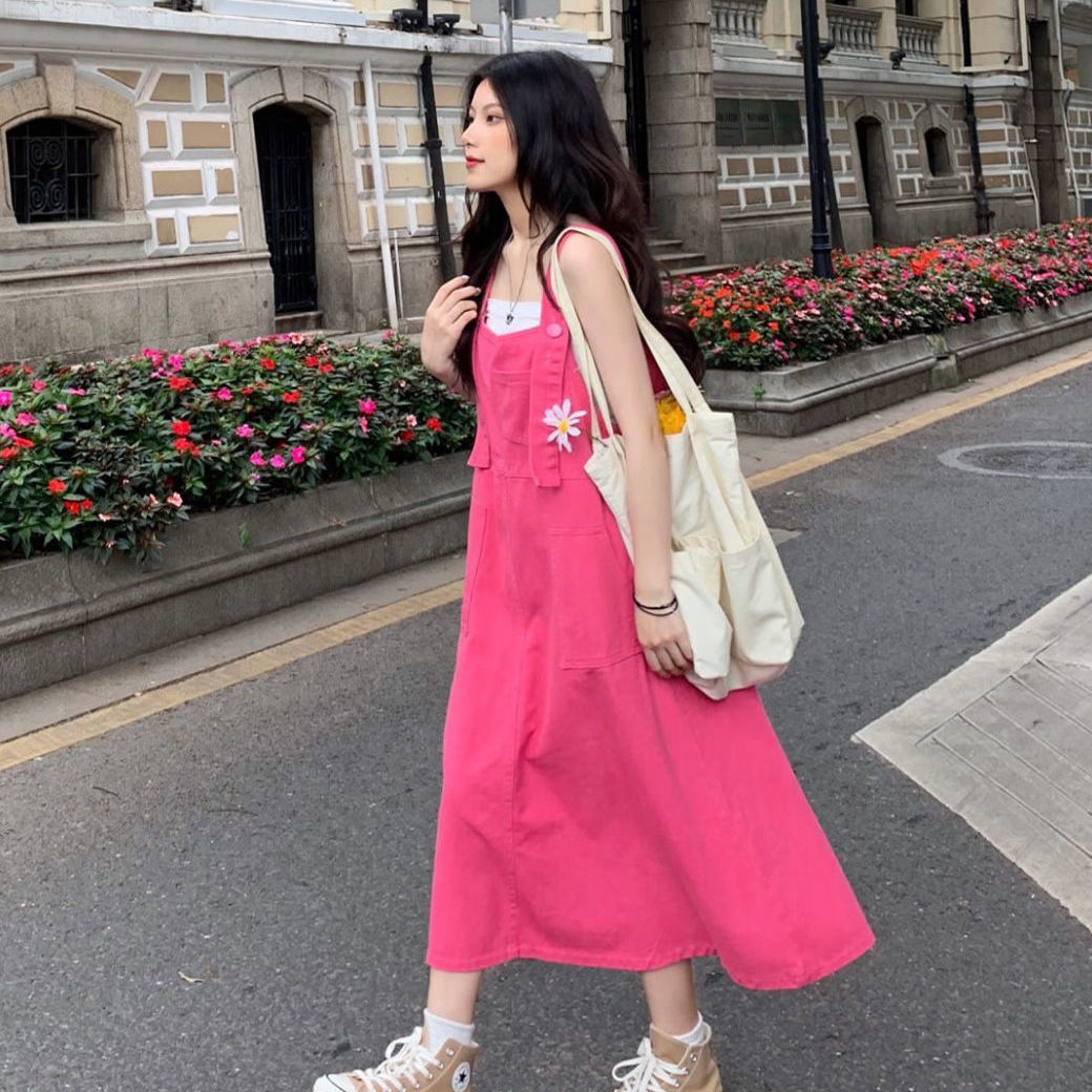 Candy color big skirt with suspenders skirt women's spring and autumn summer loose lazy style all-match fashion mid-length dress trendy