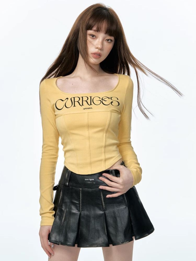 美式復古修身顯瘦方領長袖2023春秋ins設計感上衣百搭打底衫T恤女