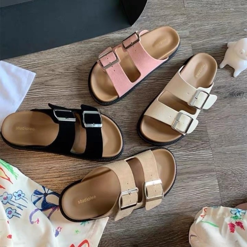 葡萄媽studiolee夏季新款平底一字帶方扣厚底沙灘勃肯涼拖鞋女ins