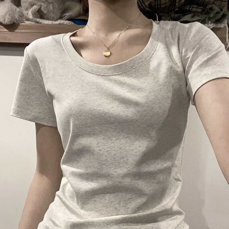 [Positive shoulder cotton clothes] gray short-sleeved t-shirt women's summer V low-neck high-level sense of all-match tops U-neck bottoming shirt