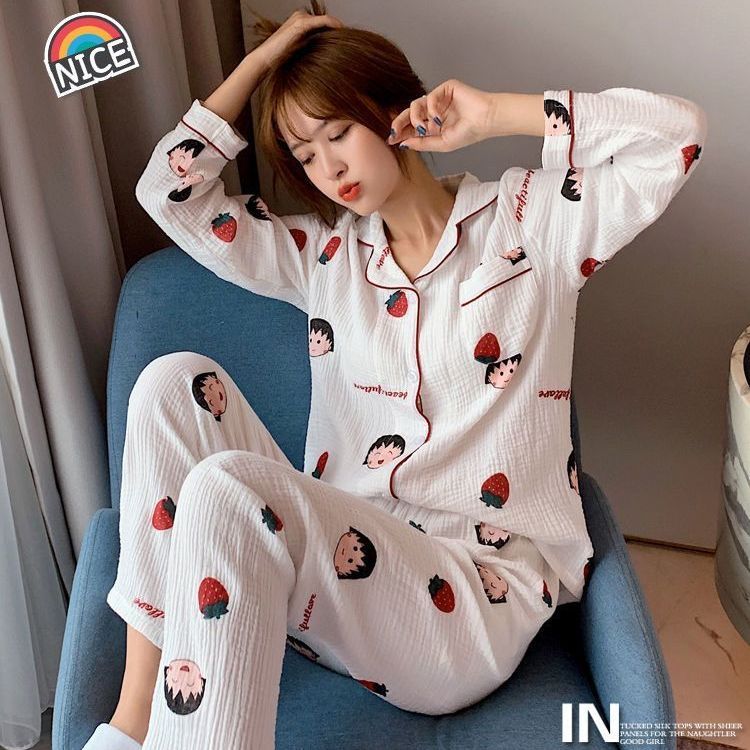 Baby gauze pajamas female spring and autumn students Japanese cute Chibi Maruko long-sleeved trousers gauze home service suit