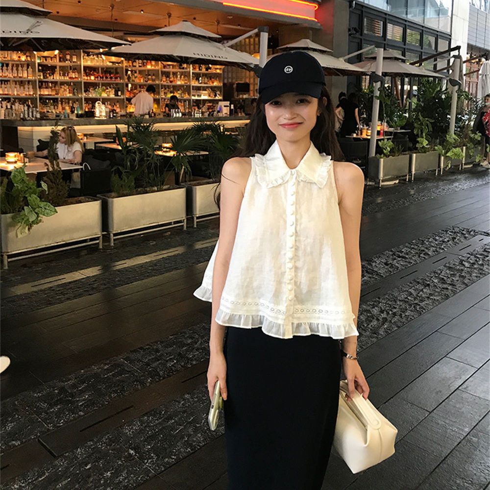 棉麻花邊娃娃領小背心襯衫上衣韓版甜美寬鬆木耳邊小個子洋氣襯衫