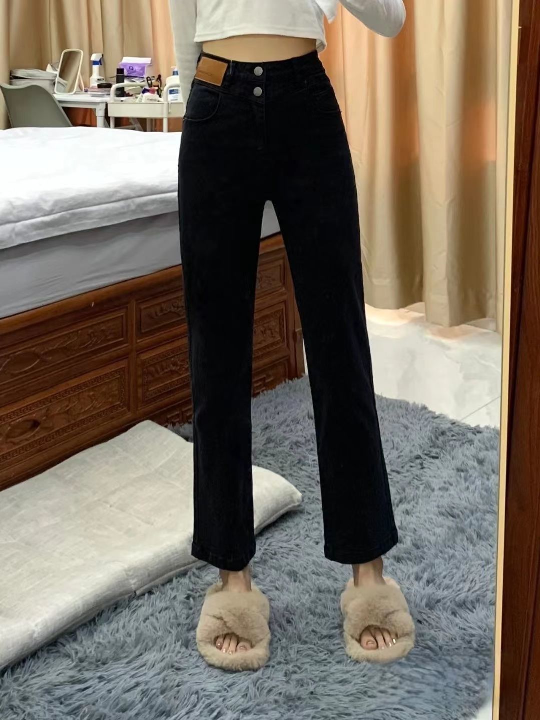 高腰牛仔褲女春秋2023春秋新款小個子彈力九分顯瘦顯高煙管褲黑色