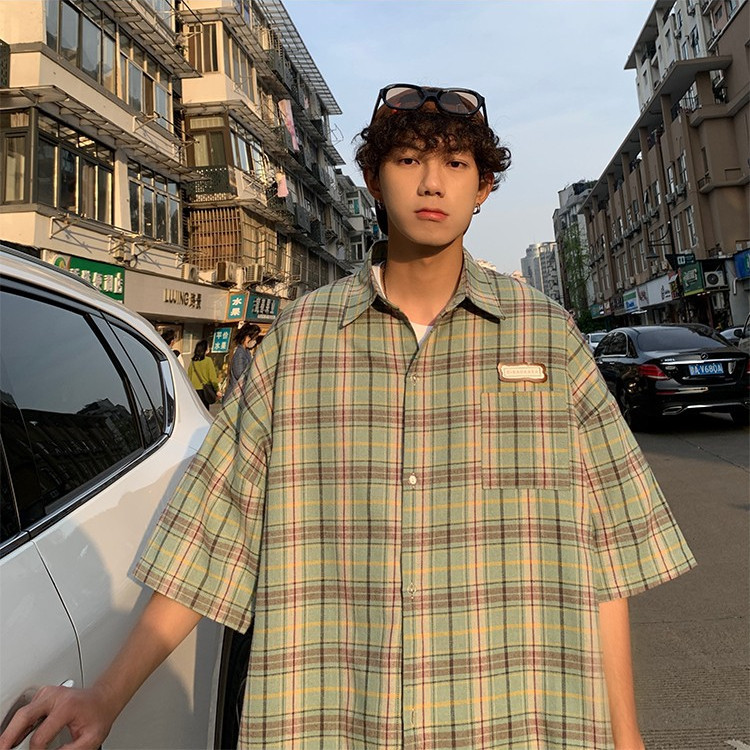 Japanese retro plaid shirt men's summer thin loose casual short-sleeved shirt American high street trendy brand jacket