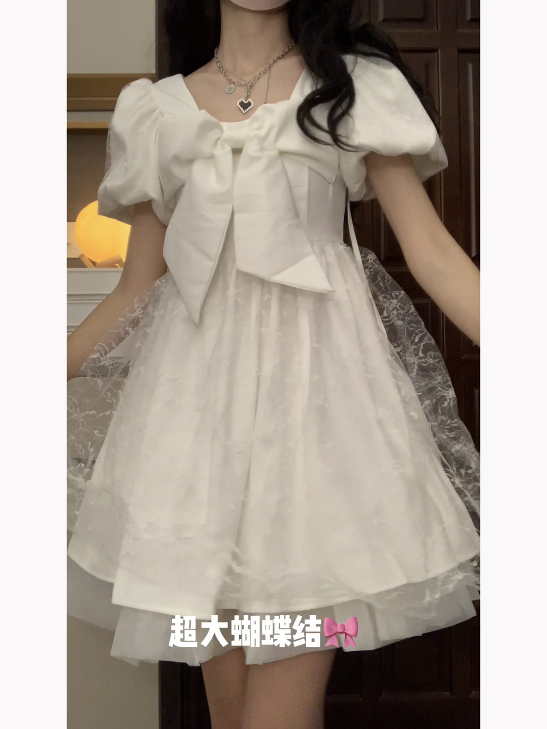 French Retro First Love Mesh Stitching Puff Sleeve Bowknot White Dress Female Student Korean Version A-line Skirt