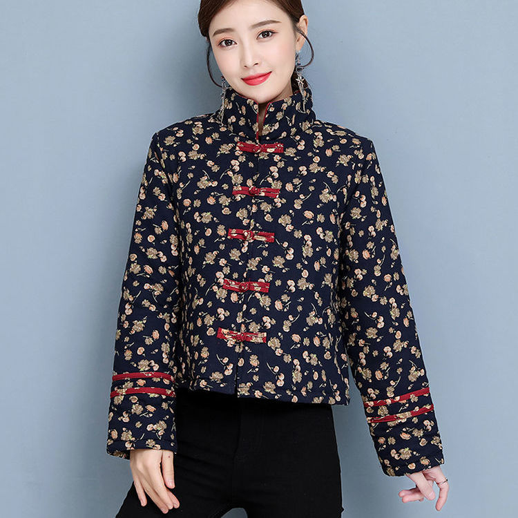 Tang suit floral small padded jacket Chinese style retro buckle warm jacket autumn and winter ethnic style padded thick cotton coat