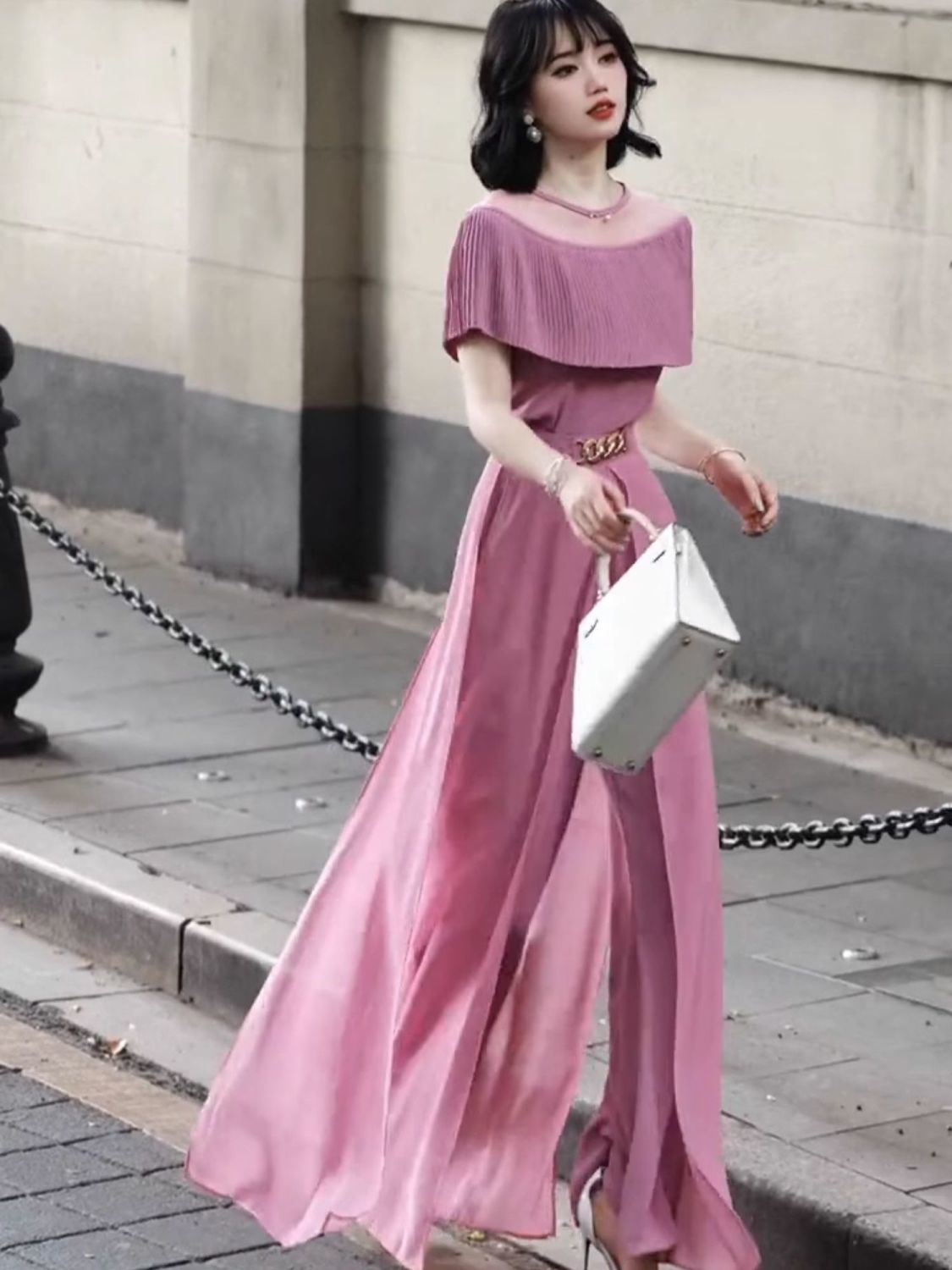 Luxurious big-name high-end chiffon suit looks thinner, age-reducing, fashionable, salt-based, light-cooked, solid-color, wide-leg pants, two-piece summer